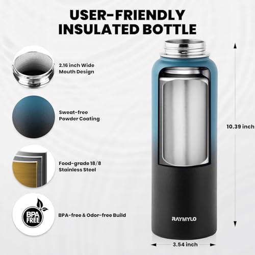 RAYMYLO 40 oz Insulated Water Bottle - Triple Wall Stainless Steel, Black/Indigo
