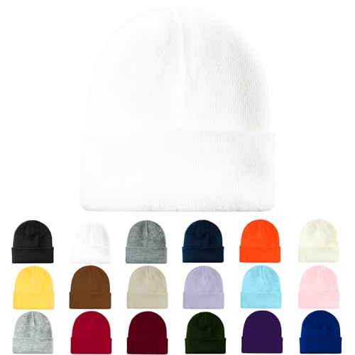 Knit Cuffed Beanie Hat for Winter - Soft & Warm - White