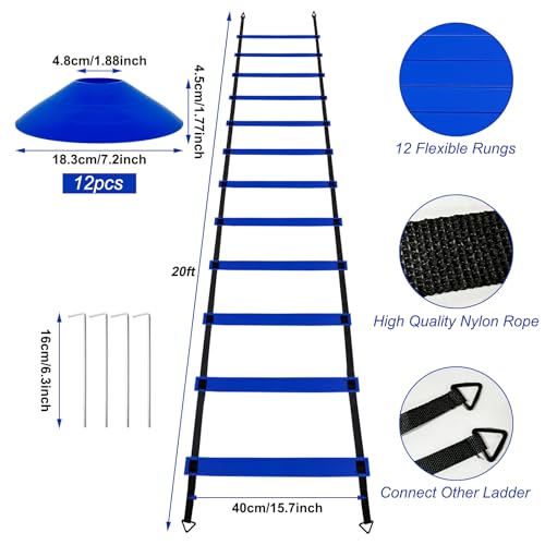 20ft Agility Ladder Training Set with Cones & Hurdles - Blue