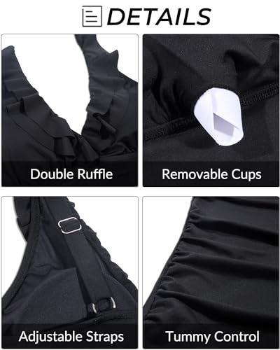 Yonique Women's Large Black Ruffle V Neck Tankini Top with Tummy Control - Swimsuit Bikini Top