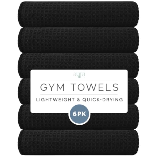 Microfiber Gym Towels - 6 Pack, 16" x 27", Quick-Dry, Honeycomb Black