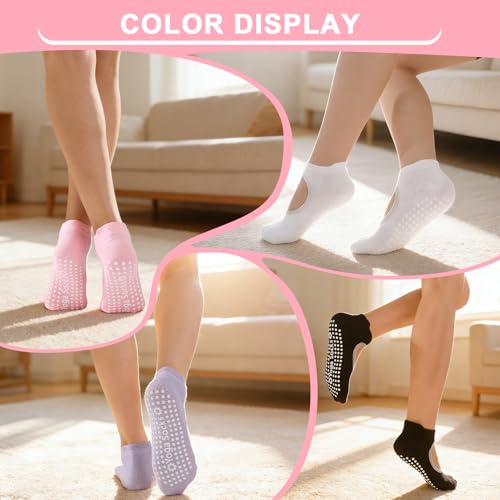 Non-Slip Yoga Socks for Women - Pilates Grip Socks - 4 Pack Pink White Black