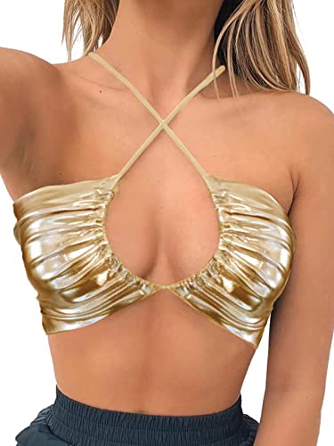 Krtwrnt Women's Festival Rave Crop Top - Cross-Metallic Gold, Large