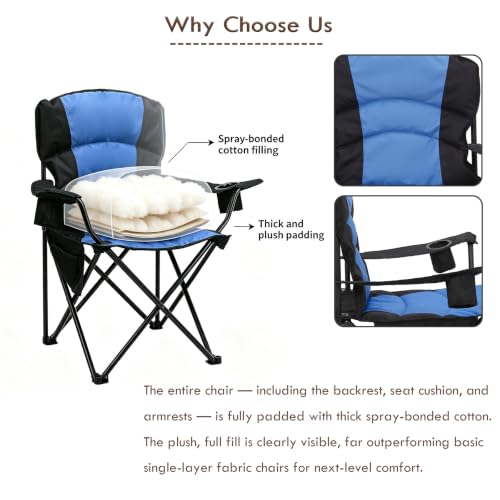 X-Large Blue Oversized Camping Chair with Armrests, Padded Support, Cup Holder & Carry Bag