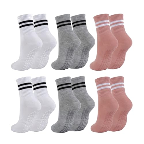 Grip Socks for Women - 6 Pairs Cute Ruffle Non-Slip Cotton for Yoga & Barre - Gray, White, Pink