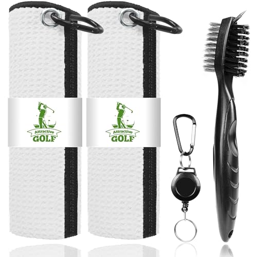 Microfiber Golf Towels with Club Brush Set - 2 Pack, White
