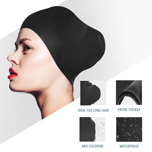 Silicone Swim Cap for Long Hair - Ergonomic Design with Ear Plugs & Nose Clip - Black, Medium