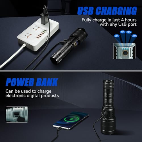 Rechargeable Flashlights 900000 High Lumens Super Bright LED Flashlight High Powered Tactical Flashlights Zoomable 3 Modes IPX6 Waterproof Handheld Flash Light for Camping Outdoor Emergencies