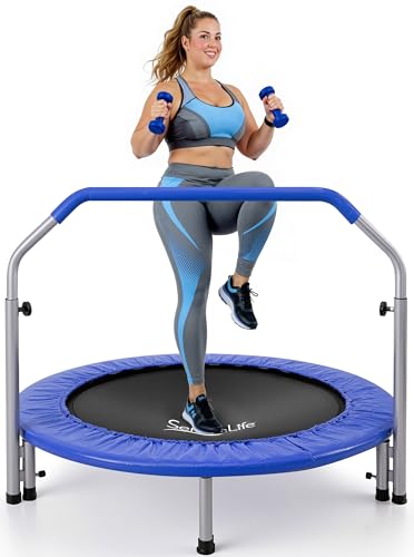 Foldable Mini Trampoline for Adults - Deep Blue Fitness Rebounder with Adjustable Handle, Max Load 330lbs