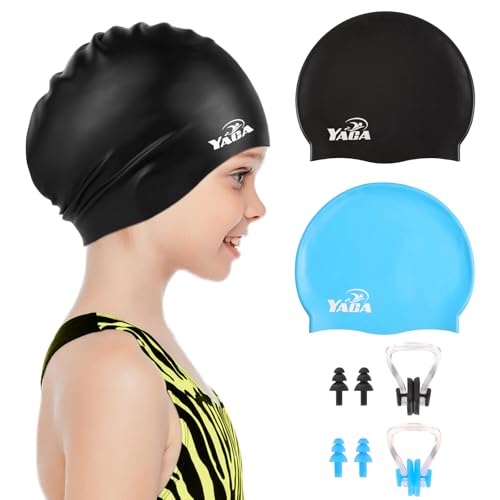 Kids Swim Caps for Long Hair - 2 Pack Silicone, Black & Blue