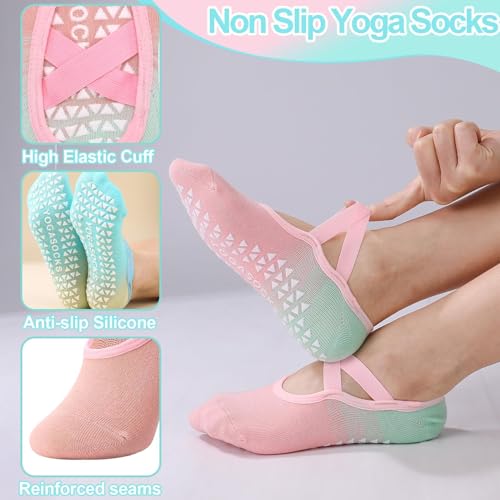 Pilates Socks for Women - 6 Pairs Gradient Cotton Yoga Socks with Straps