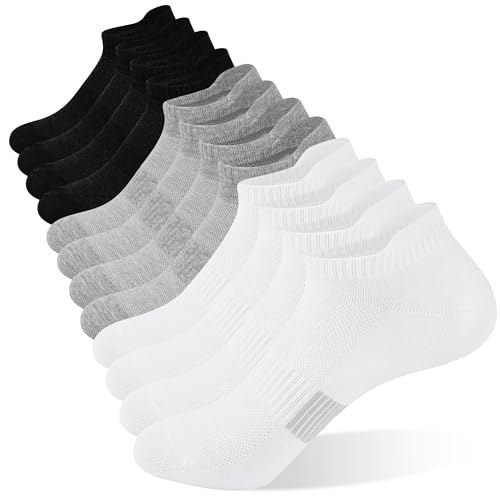 Athletic Ankle Socks for Women - 6 Pairs Black+White+Grey 6-11