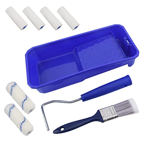 Household Mini Paint Roller Kit, 4 pcs Sponge Paint Roller Head +2 pcs Fabric Roller Head +1 Paint Tray +1 Roller Handle +1 Pant Brush fits Home Painting & Smaller DIY Projects(Multi Color)