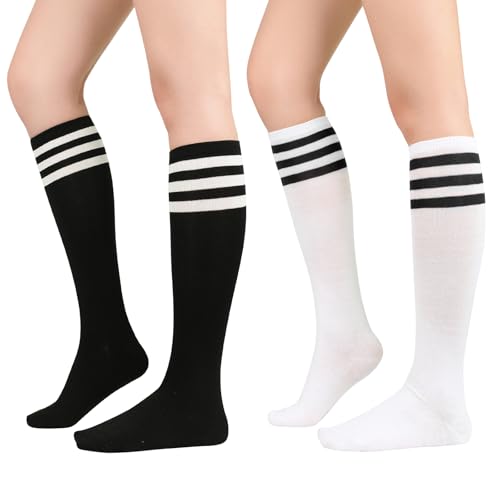 Knee High Striped Socks - 2 Pack Black & White