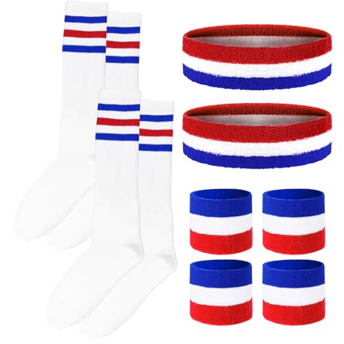 Striped Sweatbands & Socks Set - Red, White & Blue - 10 Pieces