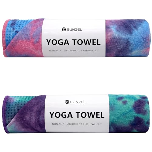 Eunzel 2 Pack Non Slip Yoga Towels with Grip Dots for Hot Yoga & Pilates, 72 x 24 inches, Pink & Blue/Green & Purple