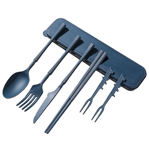 Camping Cutlery Set - Reusable Dark Blue Utensils with Case