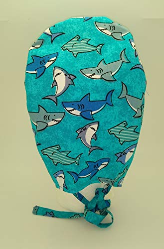 Scrub Hat with Happy Sharks Design - Handmade Cotton Cap