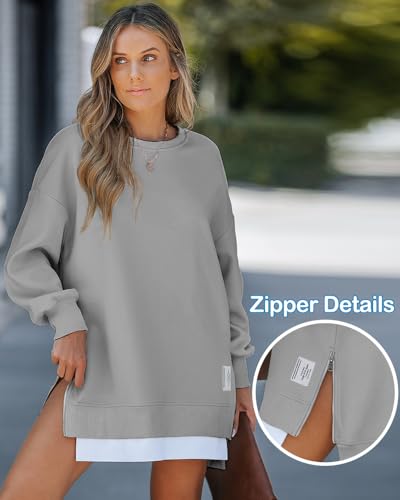 CHICME Women's Oversized Gray Crewneck Sweatshirt with Side Zipper Slit - Medium