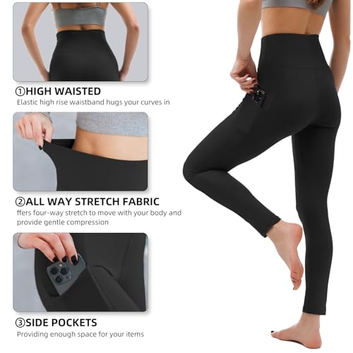 High Waisted Leggings for Women with Two Pockets - Black, S/M
