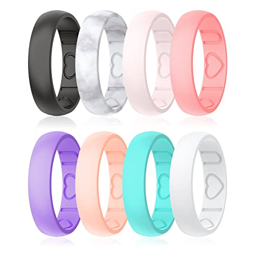 Silicone Wedding Bands for Women - I Love U Heart Pattern - 8-Pack