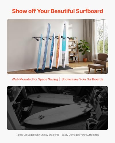 VEVOR Surfboard Wall Rack 6 Arms Vertical Paddle Board Holder with Rubber Cushions