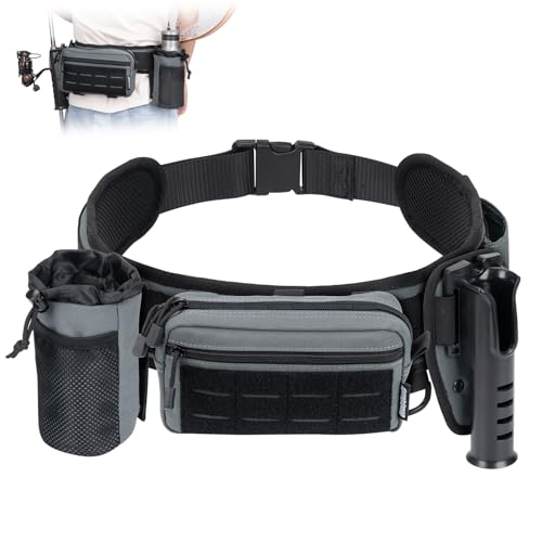 QualyQualy Grey Wading Fishing Belt with Rod Holder & Tackle Pack – Adjustable Waterproof Waist Belt for Fly & Spinning Rods