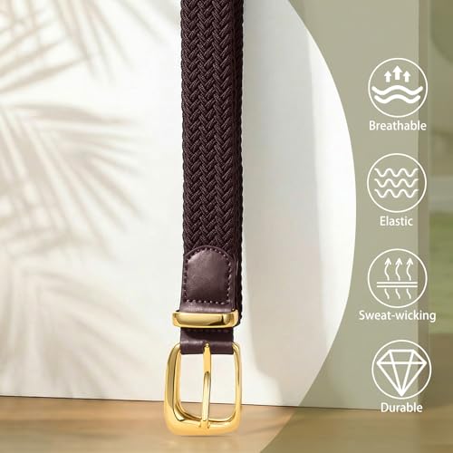 Elastic Braided Belt for Women - Stretch Woven Waist Belt - Coffee, Fits 36–41 in