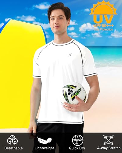 Roadbox Men’s UPF 50+ Short Sleeve Rash Guard Tee, White Large - Quick-Dry UV Swim Shirt