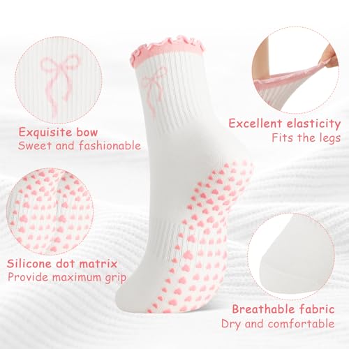 Pilates Grip Socks for Women - Non-Slip, 4 Pairs in Pink, Blue, Black, Red
