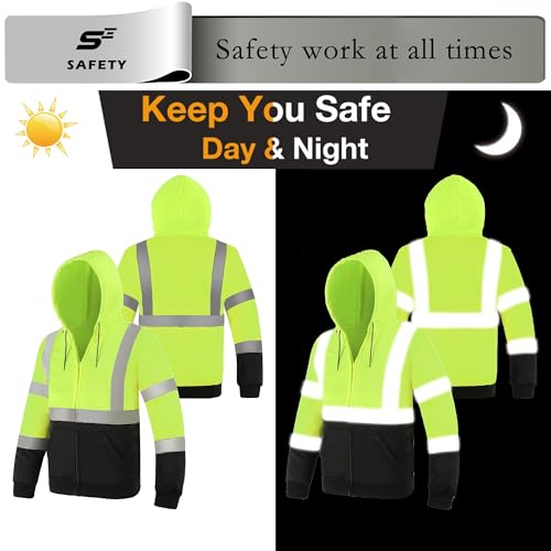 sesafety High Visibility Safety Sweatshirt for Men, Class 3 Reflective Zippered Hooded Sweatshirt, Hi-Vis Safety Hoodie with Black Bottom