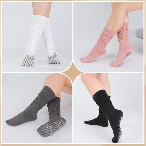 Women’s Slouch Pilates Socks with Grips - 4 Pairs, Black+White+Pink+Dark Gray