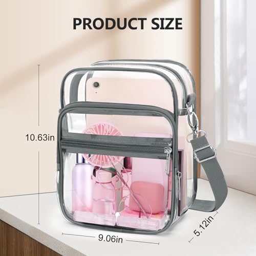 Blvornl X-Large Grey Clear Crossbody Bag with Adjustable Strap – Stadium Approved PVC Purse