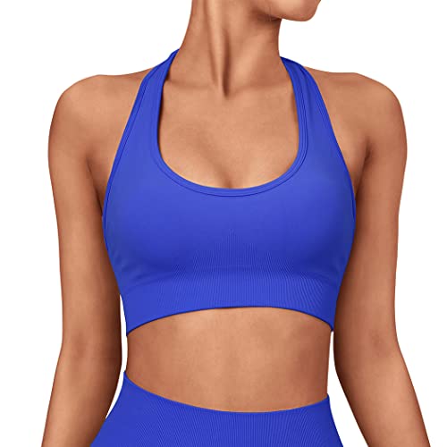 Seamless Halter Sports Bra - Open Back Padded Crop Top - Large Royal Blue