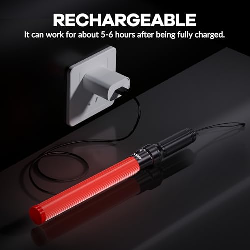2 Pack 16 Inch Rechargeable Traffic Wand, Red Traffic Control Baton with 2 Flashing Modes, LED Safety Light Wand, Air Marshaling Wand for Airport, Parking, Car Directing