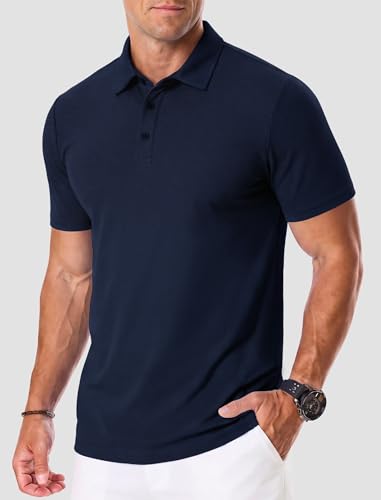 ASYJUMPD Men's Navy Blue Golf Polo Shirt Large Moisture Wicking Athletic Short Sleeve