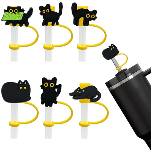 Black Cat Straw Toppers - Silicone Drink Covers for Tumblers - Set of 6