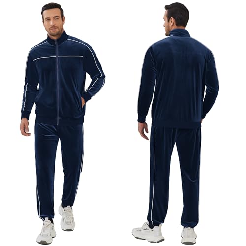 COOFANDY Men's Velour Tracksuit Set - Navy Large Zip Up Sweat Outfit