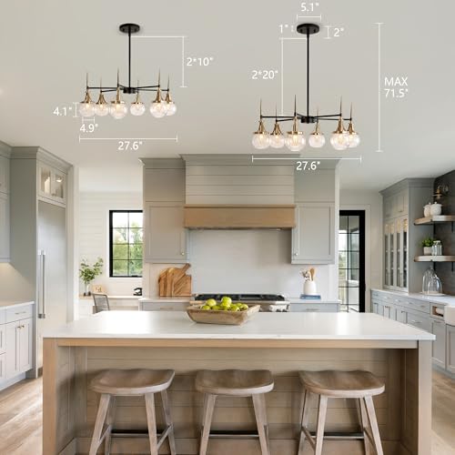 Obihivlo 6-Light Black Gold Bubble Chandelier Brass Antique Glass Globes, Mid Century Modern Pendant Lighting Fixture for Dining Room, Kitchen, Living Room, Bedroom, D27.6 x H71.5 Adjustable Height