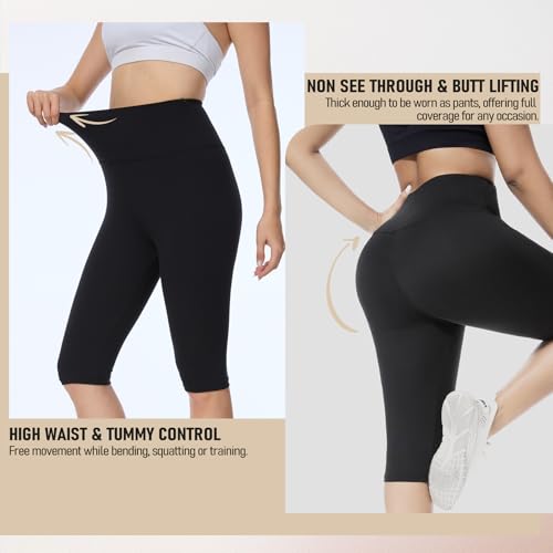 High Waisted Knee Length Leggings for Women - Tummy Control, Large-X-Large, Black