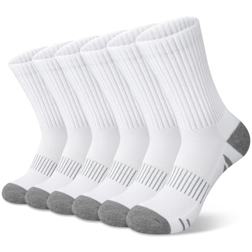 Compression Crew Socks for Women - 6 Pairs, Hiking & Running - White Gray