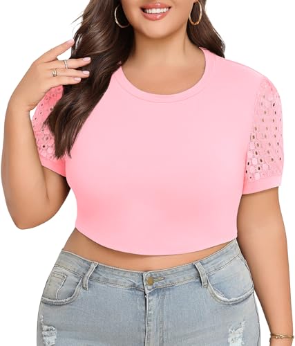 Plus Size Crop Top - Summer Lace Short Sleeve Athletic Tee - Light Pink / 1X