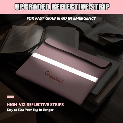 ROLOWAY Fireproof Document Bag (14 x 11 inch) with 5200¢µ Upgraded Aluminum Foil Layer, Fireproof Bag for Documents with Reflective Strip and Zipper (Pink)