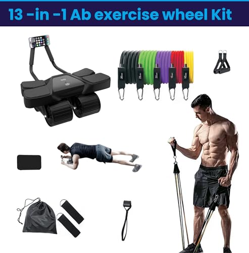 4-Wheel Ab Roller Home Gym Set with Resistance Bands - Black 13-In-1
