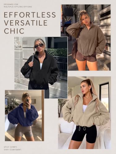 AUTOMET Women's Fleece Jacket Zip Up Oversized Cropped Sweatshirt - Medium Khaki