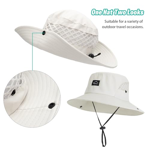 UPF 50+ Wide Brim Fishing Bucket Hat - Mesh Sun Hat - Beige