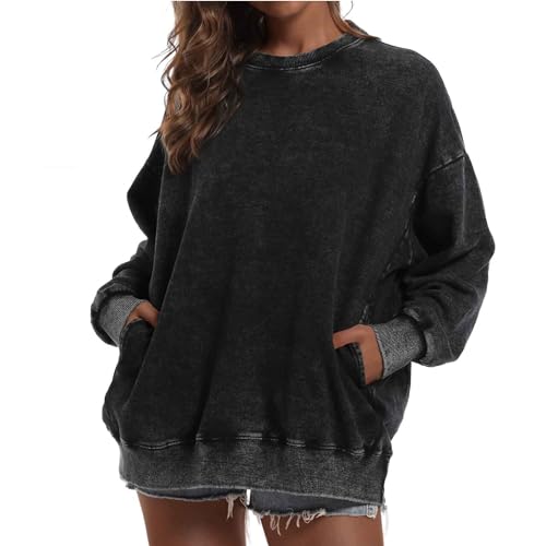 X-Large BINTEHGS Oversized Black Sweatshirt for Women with Pocket & Crew Neck