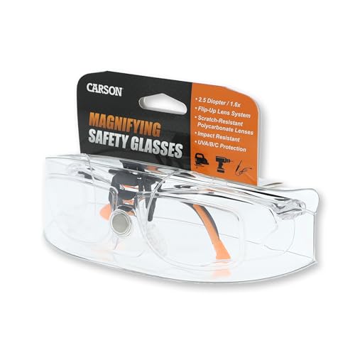 Carson 1.6x Power Magnifying Safety Glasses with Clip-On Flip-Up Lenses, Impact-Resistant Polycarbonate, UV Protection