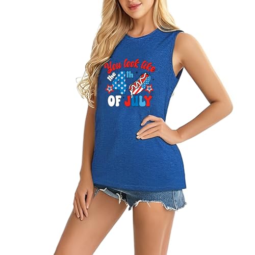 Patriotic American Flag Print Tank Top - Medium Sea Blue