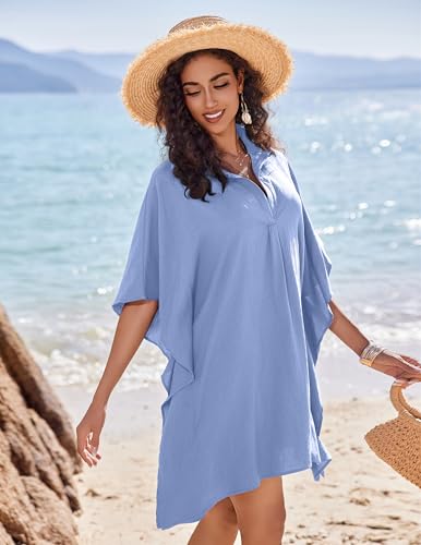 Women's Oversized Beach Cover Up Shirt - Light Blue, S-3XL